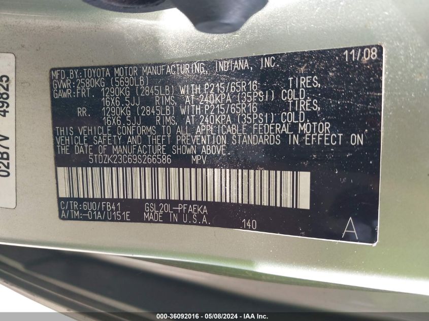 2009 Toyota Sienna Ce VIN: 5TDZK23C69S266586 Lot: 36092016