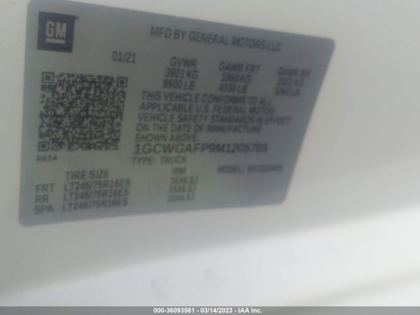2021 Chevrolet Express Cargo Rwd 2500 Regular Wheelbase Wt VIN: 1GCWGAFP9M1205705 Lot: 36093561