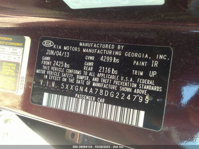 2013 Kia Optima Ex VIN: 5XXGN4A78DG224799 Lot: 36094134