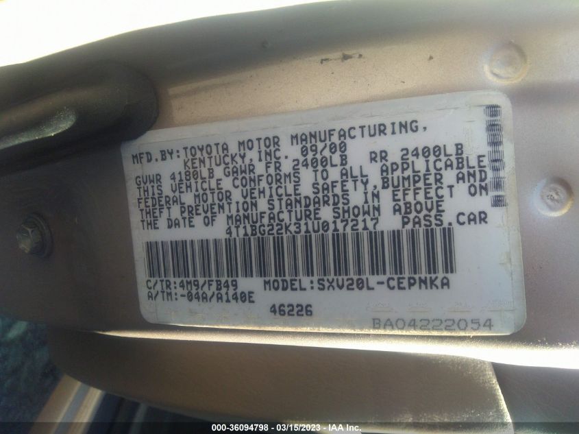 4T1BG22K31U017217 2001 Toyota Camry Le