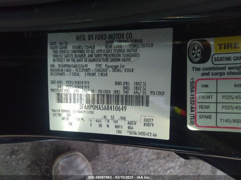 3FAHP0HA5AR410649 2010 Ford Fusion Se