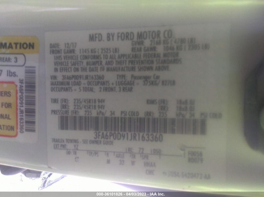 3FA6P0D91JR163360 2018 Ford Fusion Titanium