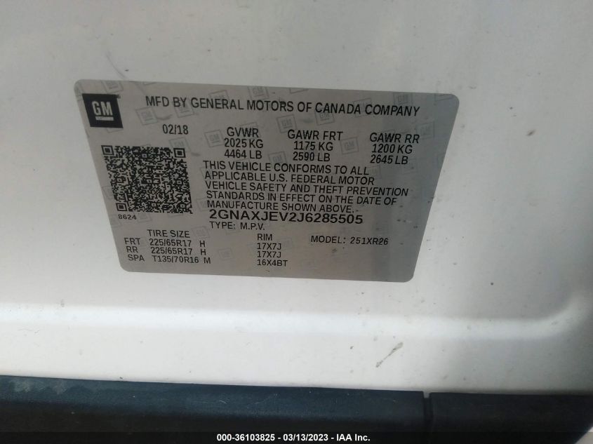 2GNAXJEV2J6285505 2018 Chevrolet Equinox Lt