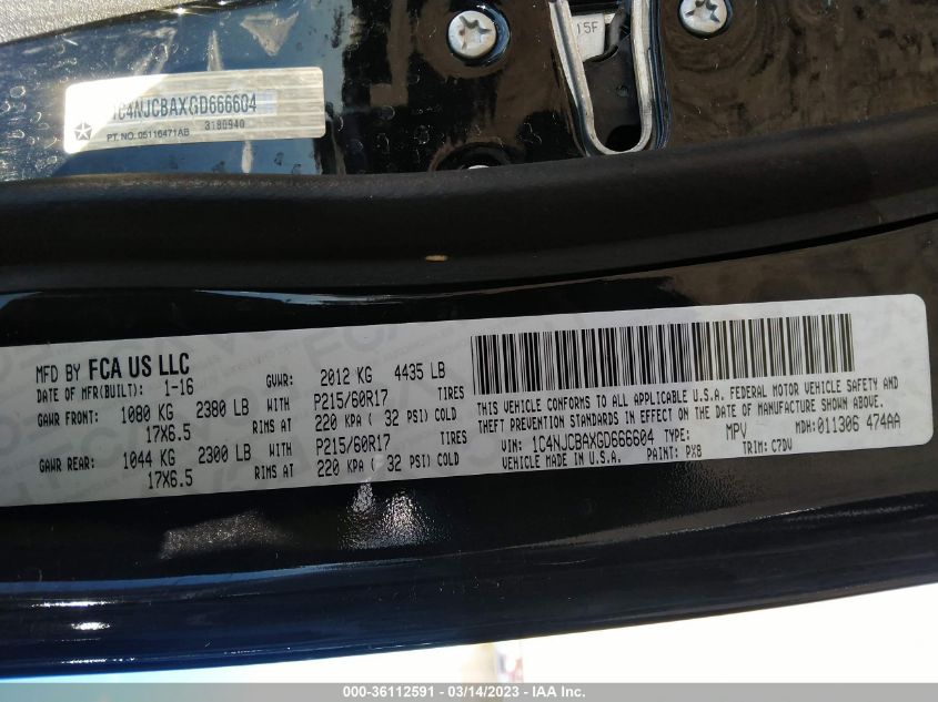 2016 Jeep Compass Sport VIN: 1C4NJCBAXGD666604 Lot: 36112591
