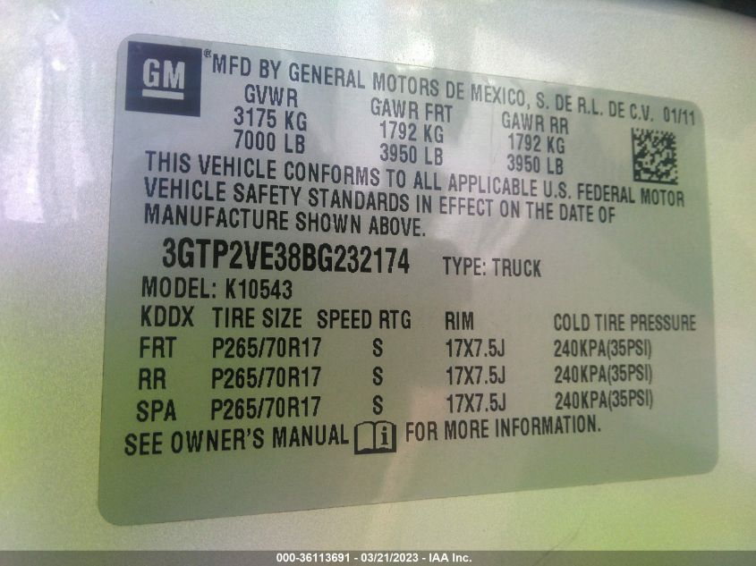 2011 GMC Sierra 1500 Sle VIN: 3GTP2VE38BG232174 Lot: 36113691