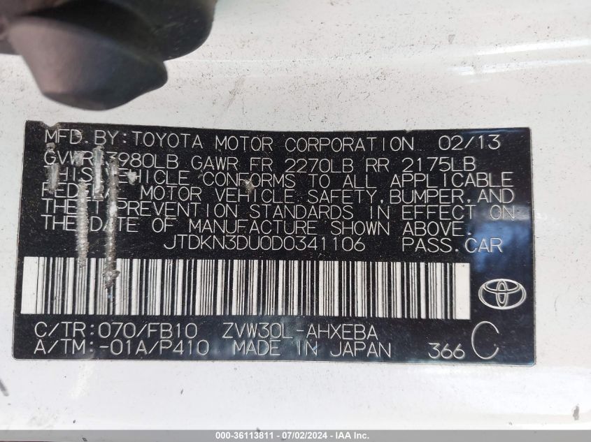 2013 Toyota Prius Two VIN: JTDKN3DU0D0341106 Lot: 36113811