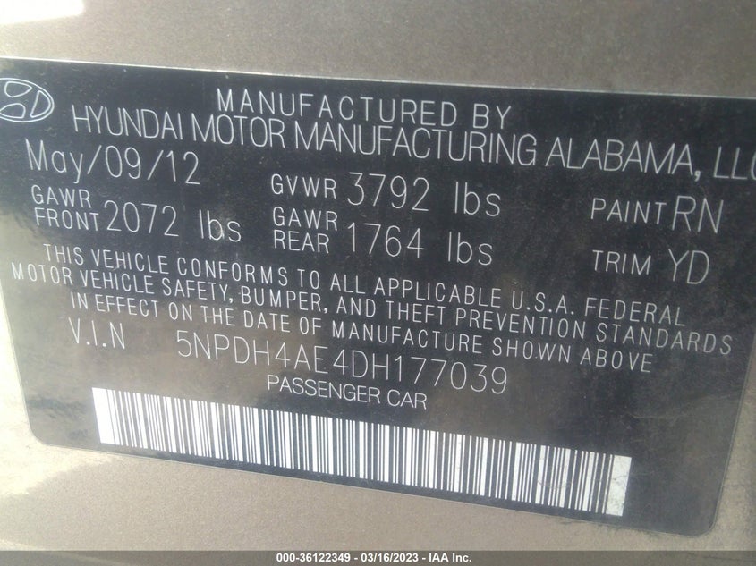 2013 Hyundai Elantra Limited Pzev VIN: 5NPDH4AE4DH177039 Lot: 36122349