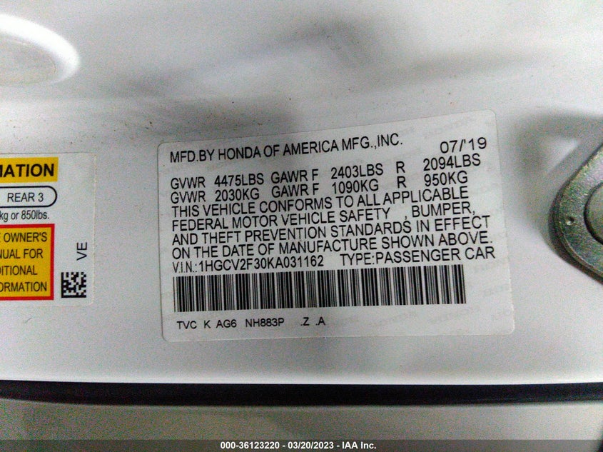 1HGCV2F30KA031162 2019 Honda Accord Sport 2.0T
