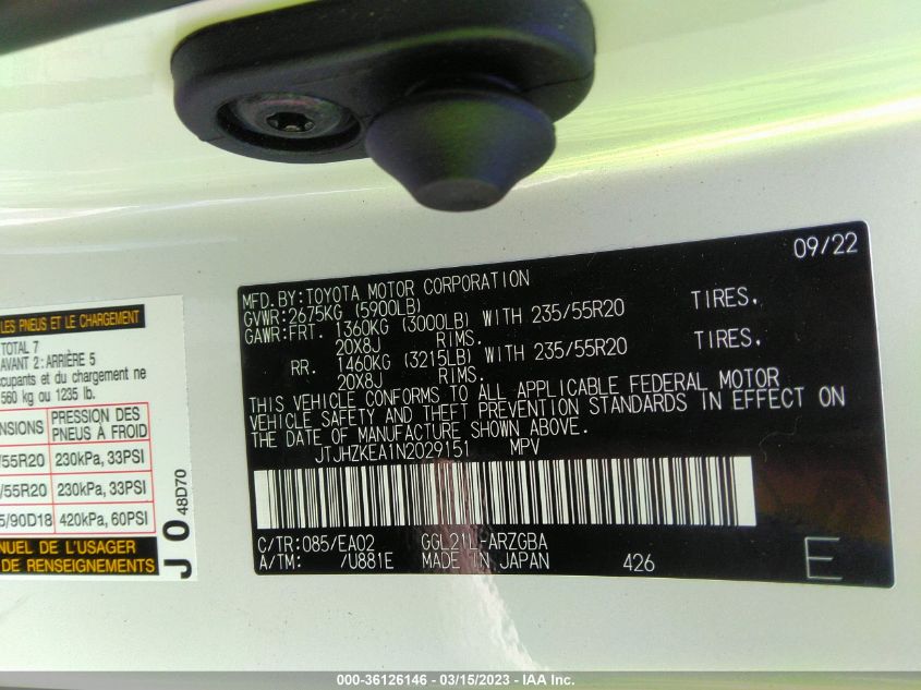 2022 Lexus Rx 350L VIN: JTJHZKEA1N2029151 Lot: 36126146