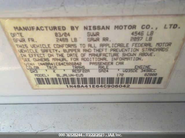 2004 Nissan Maxima 3.5 Sl VIN: 1N4BA41E64C906042 Lot: 36128244