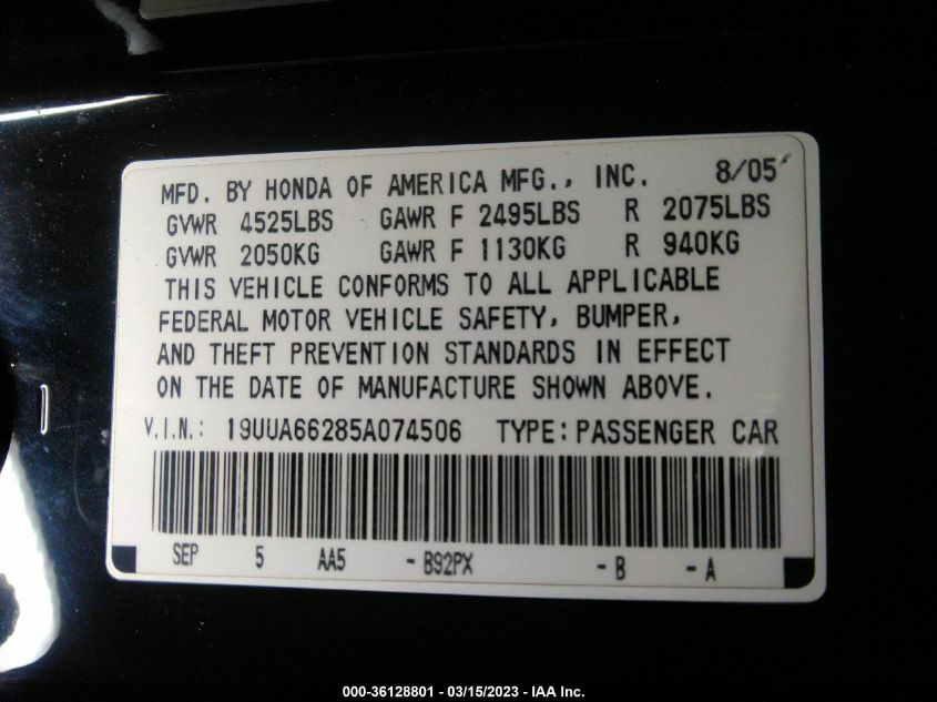 19UUA66285A074506 2005 Acura Tl