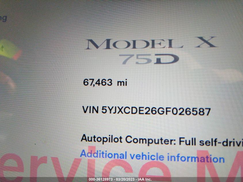 2016 Tesla Model X 60D/70D/75D/90D VIN: 5YJXCDE26GF026587 Lot: 36128973