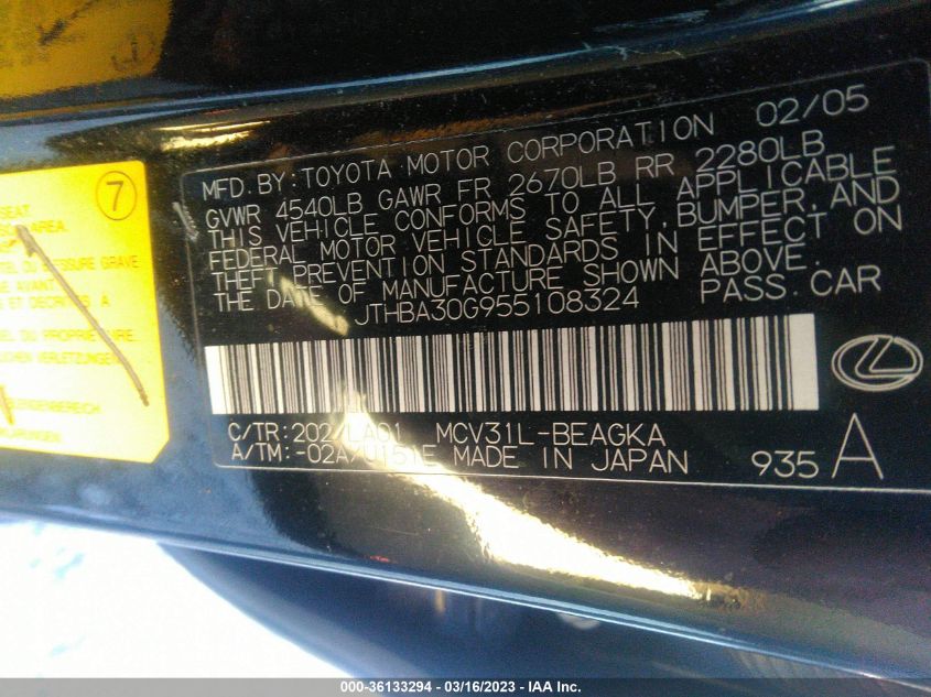 JTHBA30G955108324 2005 Lexus Es 330