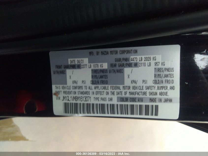 2021 Mazda Mazda6 Touring VIN: JM1GL1VM8M1613071 Lot: 36136389