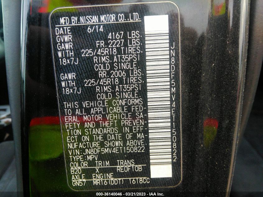 2014 Nissan Juke Nismo Rs VIN: JN8DF5MV4ET150822 Lot: 36140046