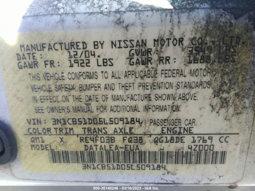 3N1CB51D05L509184 2005 Nissan Sentra 1.8S