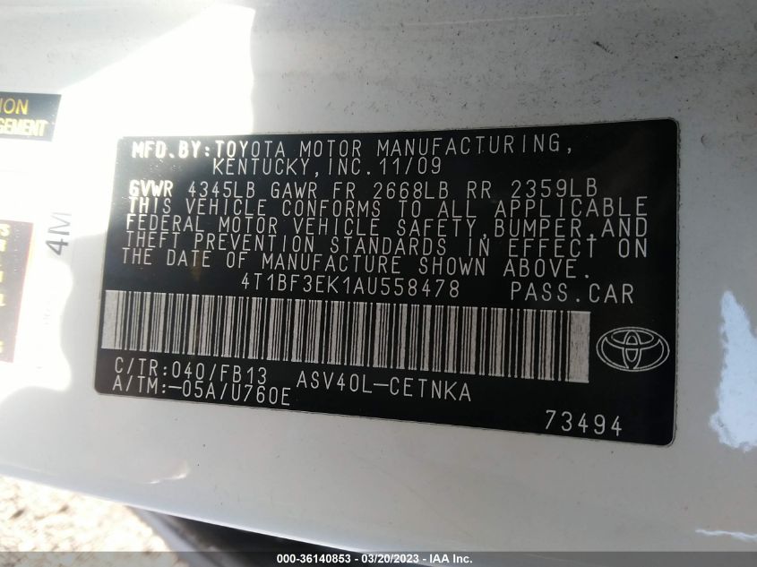 2010 Toyota Camry Le VIN: 4T1BF3EK1AU558478 Lot: 36140853