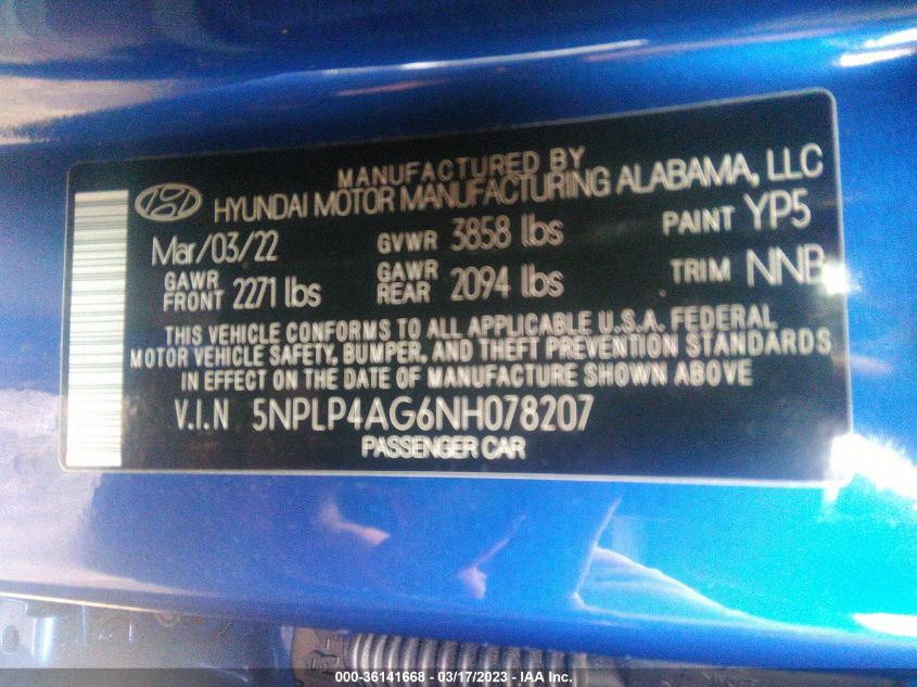 5NPLP4AG6NH078207 2022 Hyundai Elantra Limited