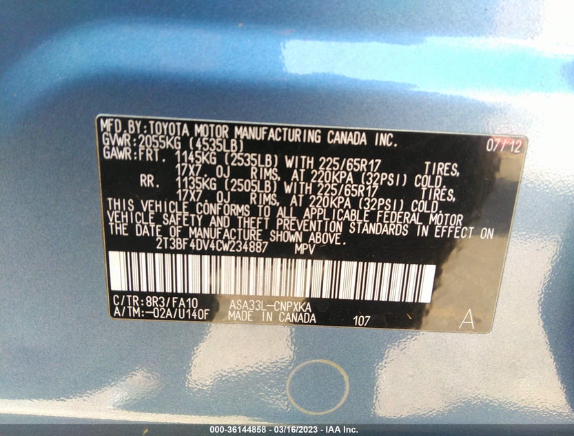 2T3BF4DV4CW234887