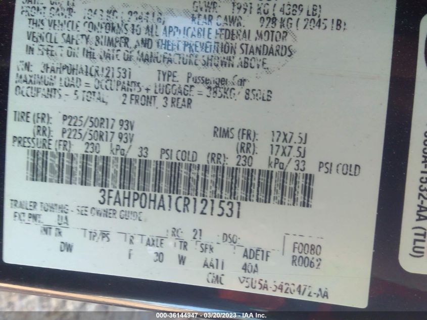 3FAHP0HA1CR121531 2012 Ford Fusion Se