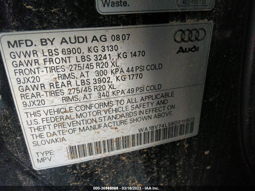 2008 Audi Q7 4.2 Premium VIN: WA1BV74L58D016605 Lot: 36145060