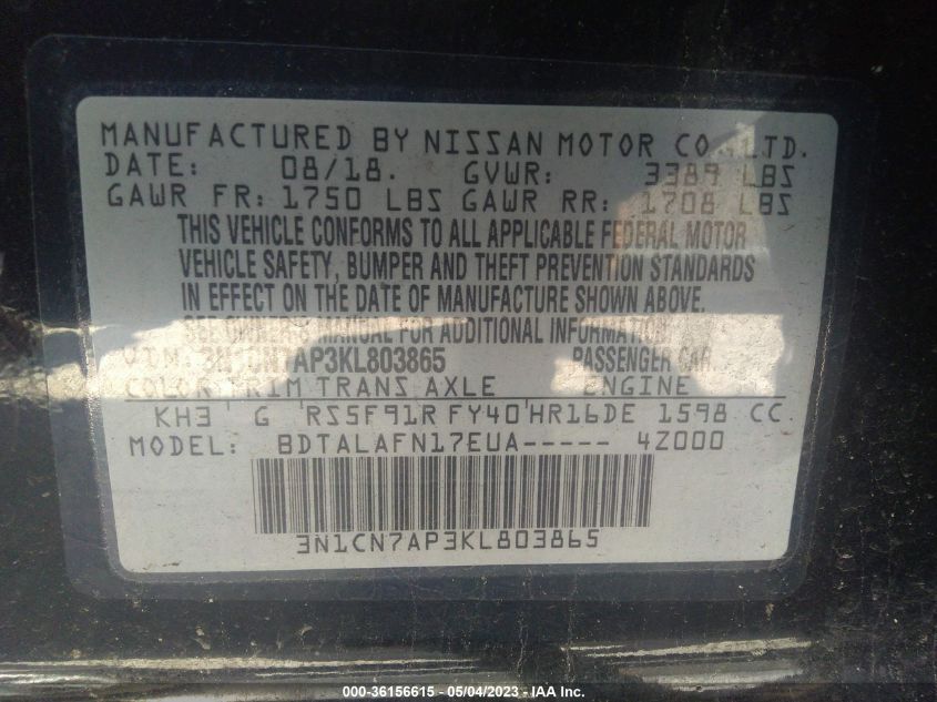 3N1CN7AP3KL803865 2019 Nissan Versa 1.6 S