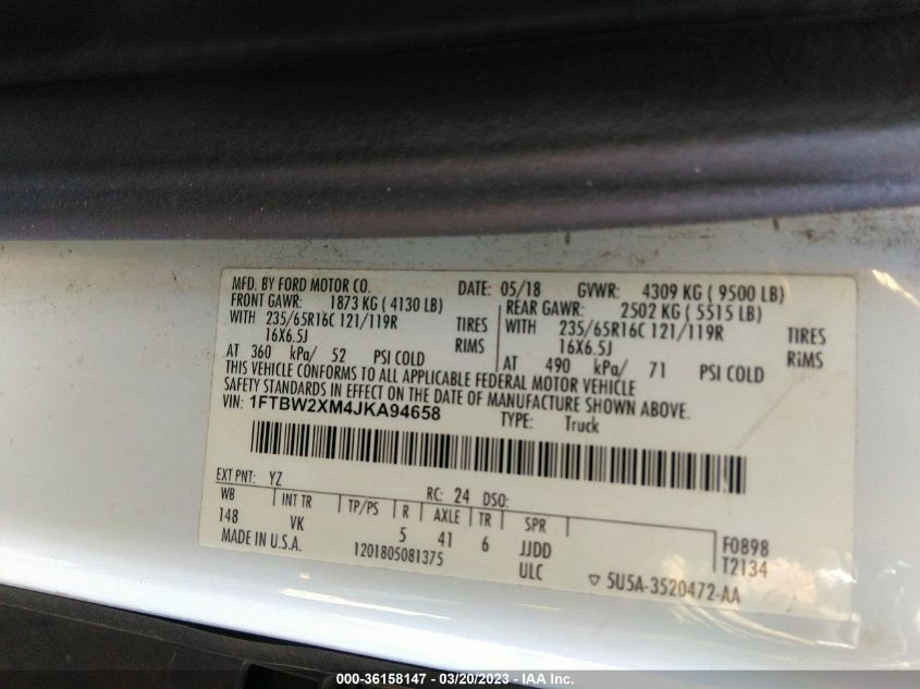 2018 Ford Transit-350 VIN: 1FTBW2XM4JKA94658 Lot: 36158147