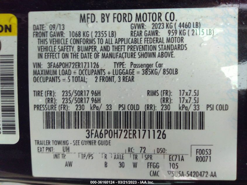 2014 Ford Fusion Se VIN: 3FA6P0H72ER171126 Lot: 36160124