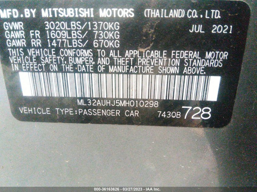 2021 Mitsubishi Mirage Le/Es/Carbonite Edition VIN: ML32AUHJ5MH010298 Lot: 36163626