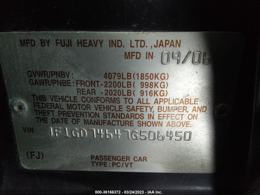 2007 Subaru Impreza Sedan Wrx VIN: JF1GD74647G506450 Lot: 36166372