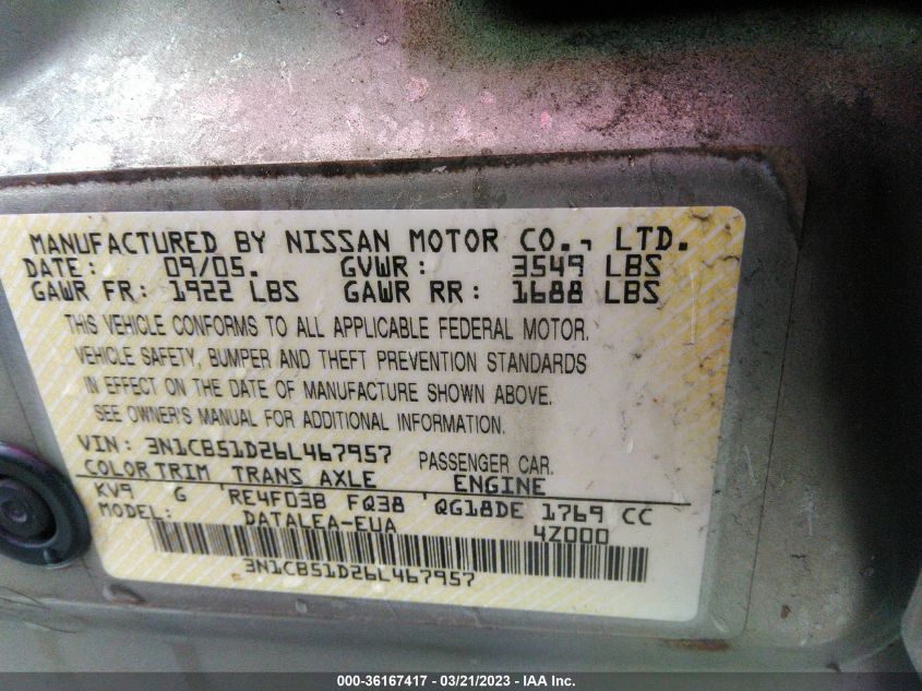 3N1CB51D26L467957 2006 Nissan Sentra 1.8S