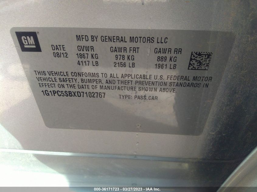 2013 Chevrolet Cruze 1Lt Auto VIN: 1G1PC5SBXD7102767 Lot: 36171723