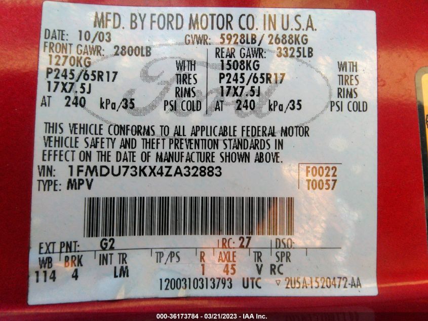 1FMDU73KX4ZA32883 2004 Ford Explorer