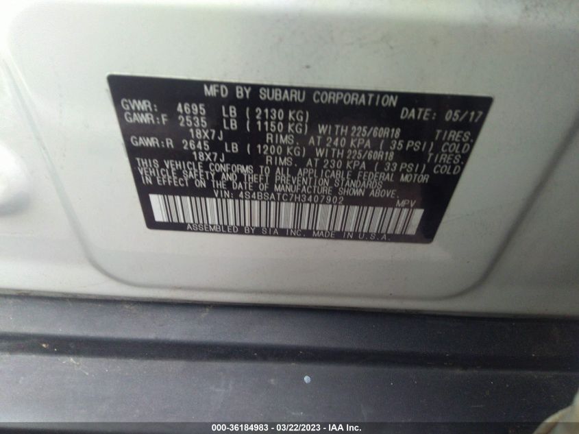 2017 Subaru Outback Touring VIN: 4S4BSATC7H3407902 Lot: 36184983