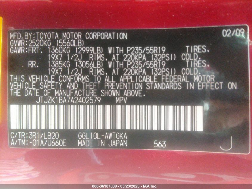 2010 Lexus Rx 350 VIN: JTJZK1BA7A2402579 Lot: 36187039