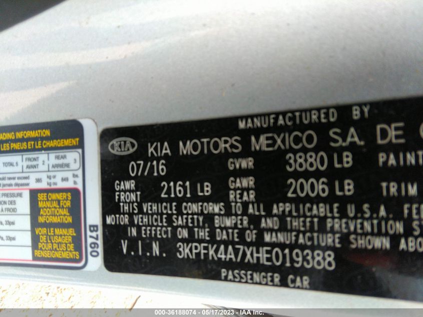 3KPFK4A7XHE019388 2017 Kia Forte Lx