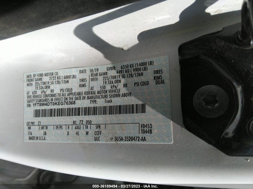 2019 Ford F-450 Lariat VIN: 1FT8W4DT0KEG76368 Lot: 36189494