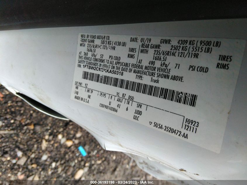 2019 Ford Transit-350 VIN: 1FTBW2CM3KKA50318 Lot: 36193198