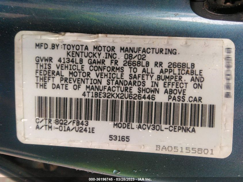 4T1BE32KX2U626446 2002 Toyota Camry Xle/Se/Le