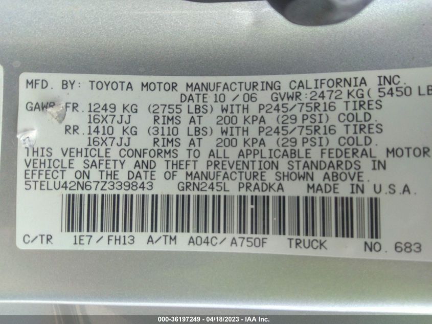 5TELU42N67Z339843 2007 Toyota Tacoma Base V6