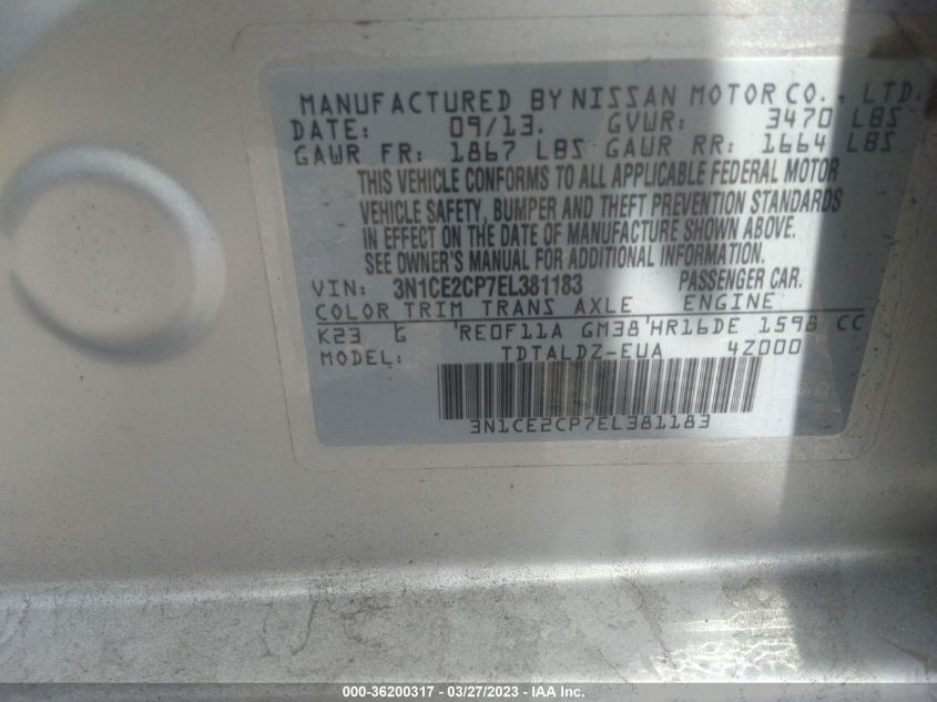 3N1CE2CP7EL381183 2014 Nissan Versa Note Sv