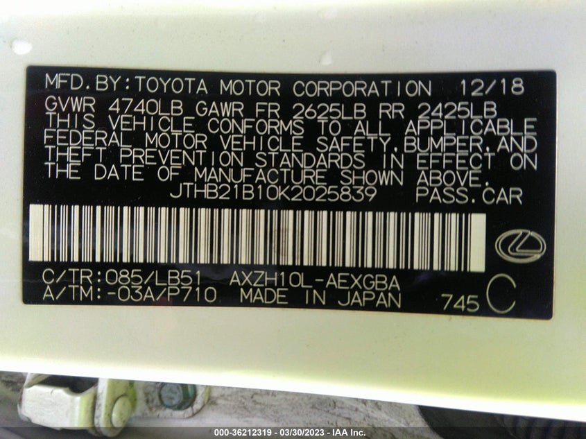 2019 LEXUS ES ES 300H VIN: JTHB21B10K2025839