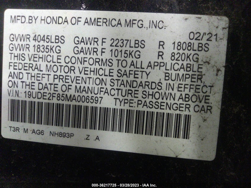 VIN 19UDE2F85MA006597 2021 ACURA ILX TECHNOLOGY & A-SPEC PACKAGES/PREMIUM & A-SPEC PACKAGES