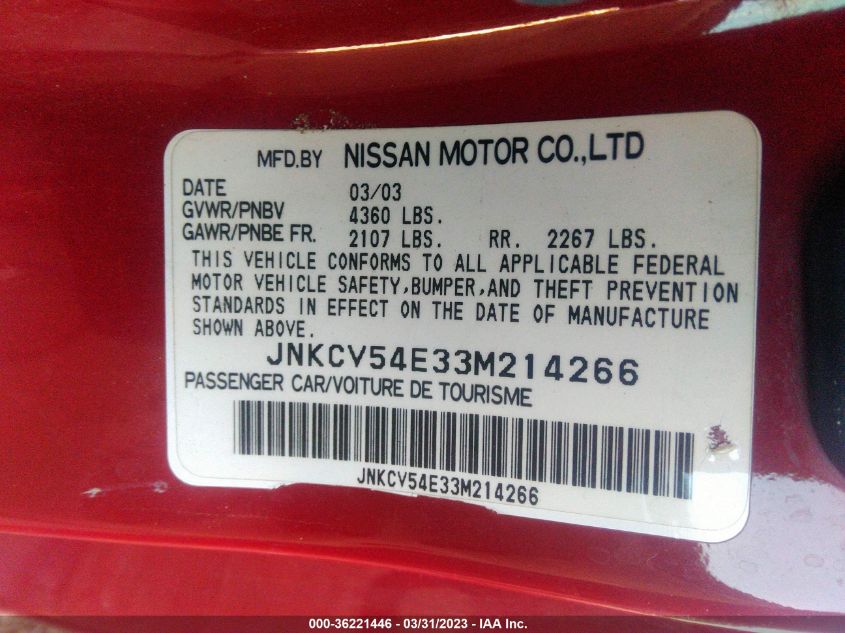 2003 Infiniti G35 Coupe W/Leather VIN: JNKCV54E33M214266 Lot: 36221446