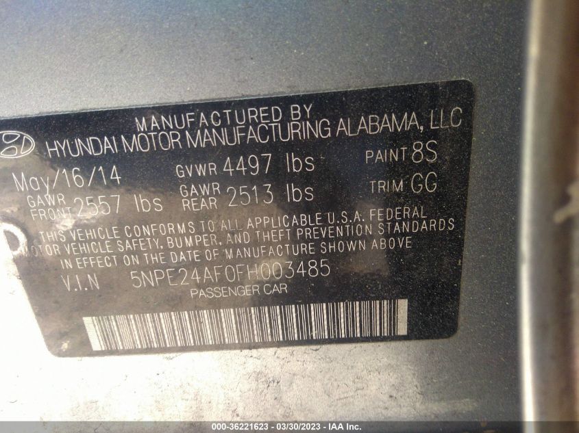 5NPE24AF0FH003485 2015 Hyundai Sonata Se