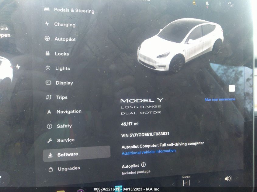 2020 Tesla Model Y Long Range Dual Motor All-Wheel Drive VIN: 5YJYGDEE1LF033931 Lot: 36221631