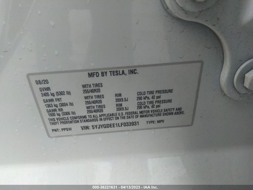 2020 Tesla Model Y Long Range Dual Motor All-Wheel Drive VIN: 5YJYGDEE1LF033931 Lot: 36221631
