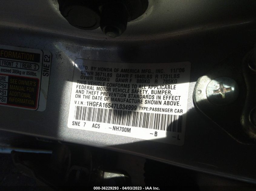 1HGFA16547L034999 2007 Honda Civic Lx