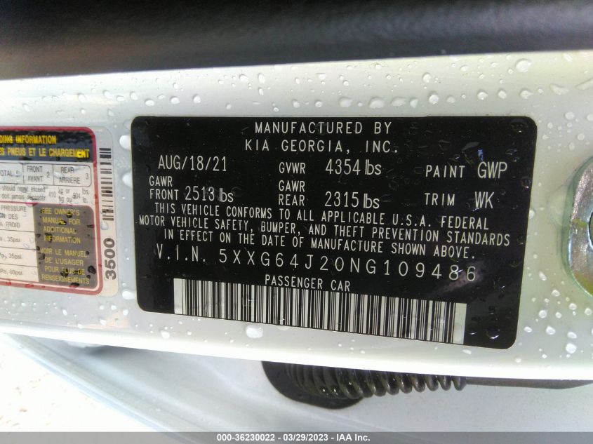 2022 Kia K5 Gt-Line VIN: 5XXG64J20NG109486 Lot: 36230022