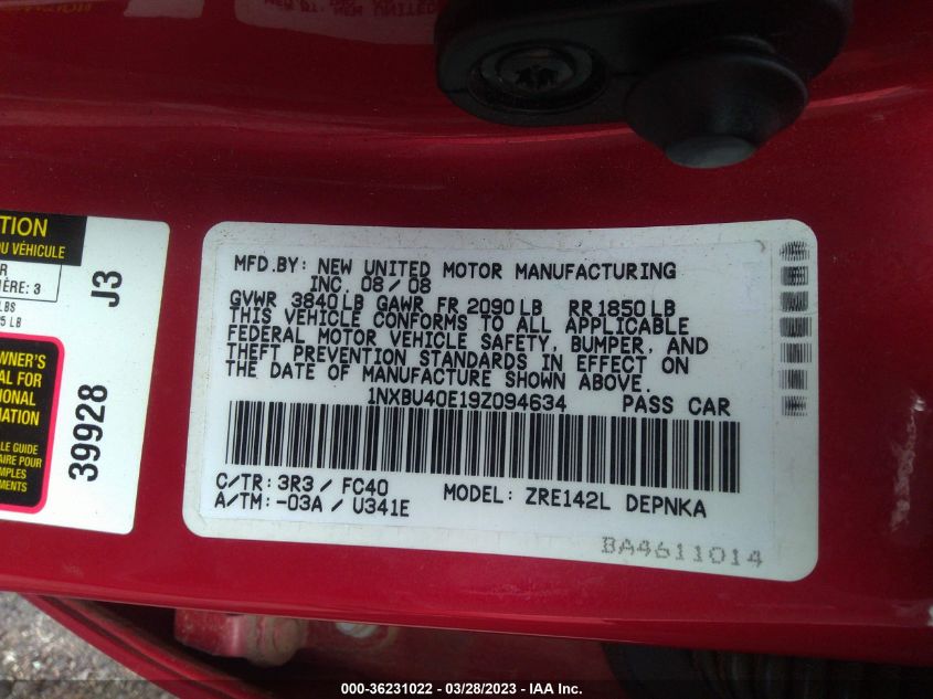 2009 Toyota Corolla VIN: 1NXBU40E19Z094634 Lot: 36231022